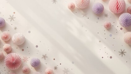 Decorative honeycomb balls in pink, lilac, and gray paper pom poms arranged as background for celebration setting