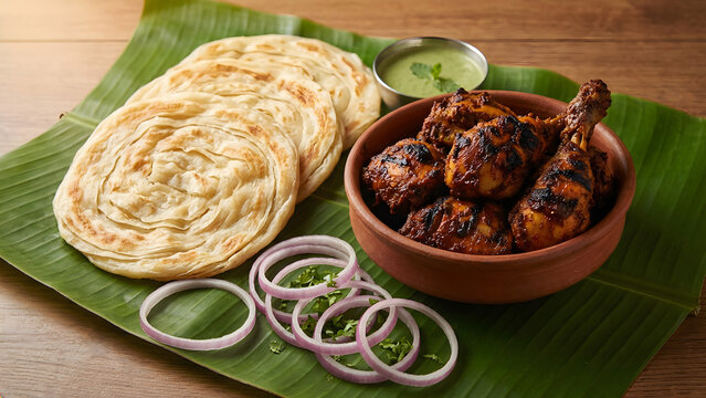 Spicy Grilled Chicken and Layered Parotta Served on Banana Leaf