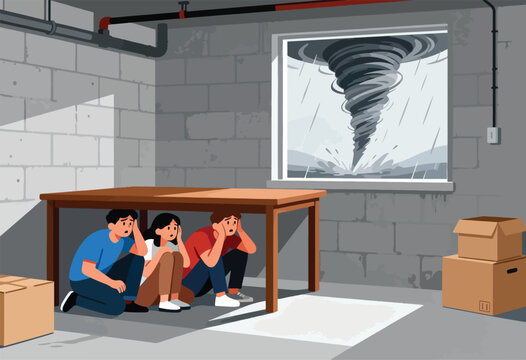 Terrified people shelter under table from powerful tornado outside a basement window