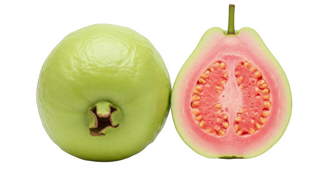 Fresh pink guava fruit whole and halved showing tropical sweetness transparent background black background