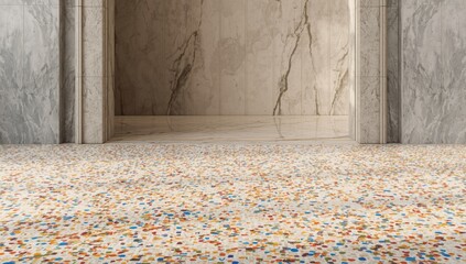 Rustic terrazzo tile on cement surface, showcasing marble stone wall texture as an architectural feature