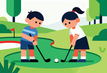 Obraz premium Two children playing golf on a sunny day on a green course with trees