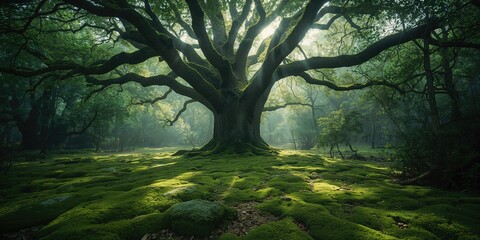 Fototapeta premium Ancient woodland floor blanketed in moss, highlighting biodiversity and conservation efforts