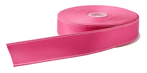 A straight strip of pink textured grosgrain fabric ribbon banner isolated on a clean white or transparent background.