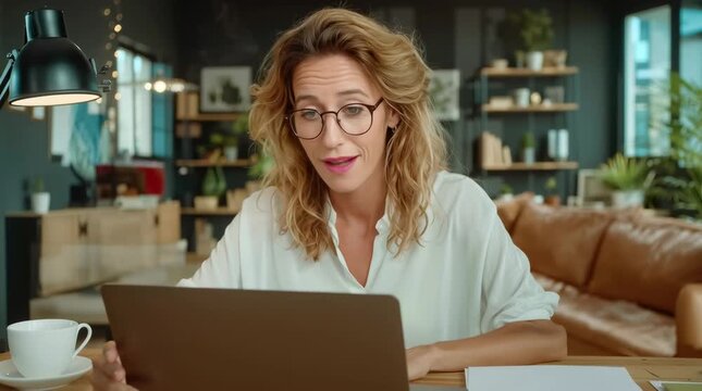 Confident woman working on laptop at home office video showing remote work lifestyle digital business productivity concept