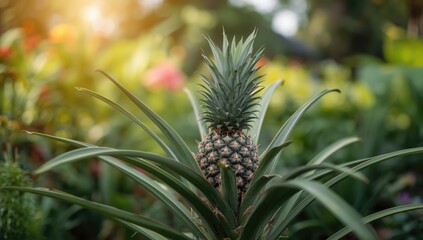 Fototapeta premium Young pineapple growing on a plant in a garden, emphasizing crop development