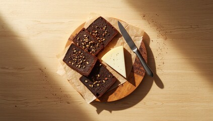 Black rye bread with sunflower seeds arranged on a wooden serving board alongside cheese and a knife, highlighting bread baking and serving