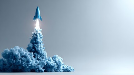 A vibrant blue rocket ascends, leaving a trail of fluffy blue smoke against a light gray background, suggesting lift-off and progress