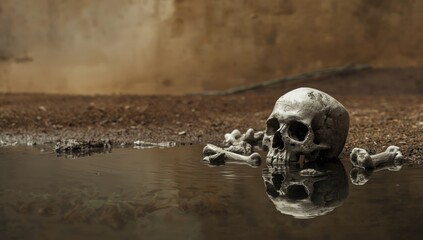 Remains of a human skull and bones uncovered in an archaeological dig, highlighting historical site analysis