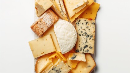 Pieces of cheese separated on a white surface for product catalog images and menu illustrations