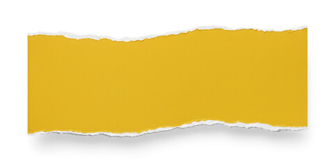 A strip of textured yellow paper with realistic torn edges, blank for text isolated on a white or transparent background.
