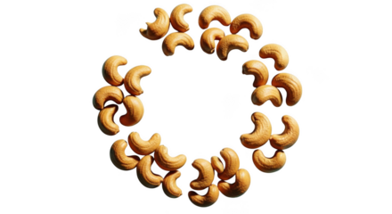 Arrangement of roasted cashews forming a circular pattern with central empty space appetizing snack transparent background black background