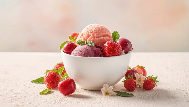 Colorful fruit sorbet presented in a white bowl, highlighting fruit-based desserts and cold treats, ideal for seasonal refreshment