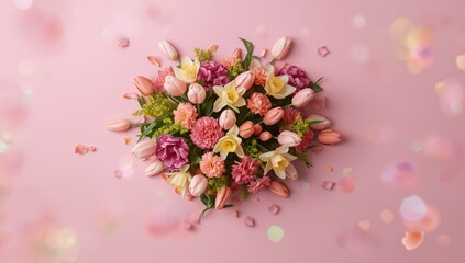 Obraz premium Bright spring blossoms set against a pink background serving as decorative floral artwork for seasonal layouts, Earth Day