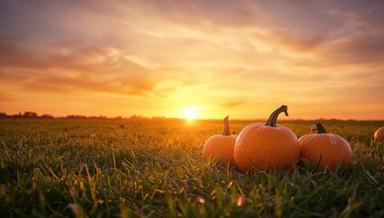 Pumpkins scattered across a rural field during sunset, ideal for autumn or harvest event backdrops