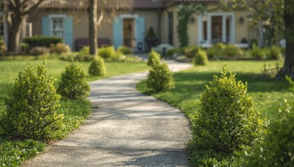 Concrete walkway bordered by small greenery, serving as a functional route in city environments