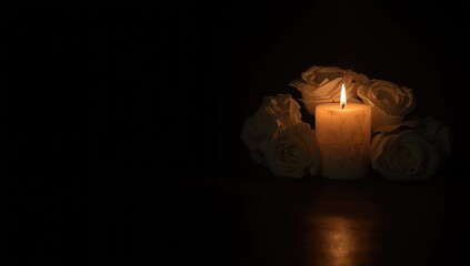 Candles and white roses on a dark background, symbolizing mourning and remembrance