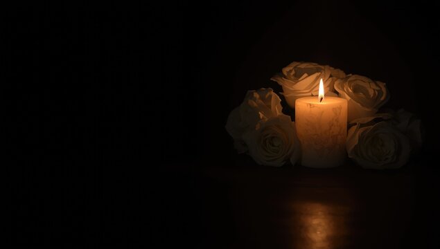 Candles and white roses on a dark background, symbolizing mourning and remembrance