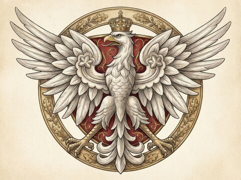 A regal, hand-drawn illustration of the polish white eagle displaying its power, framed by a golden laurel wreath and a deep red shield.