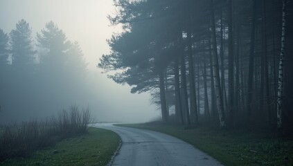 Misty trail surrounded by towering pine trees in a park landscape on Cape Cod, highlighting seasonal change