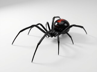 Obraz premium A detailed studio shot of a dangerous black widow spider, showcasing its glossy black body and iconic red hourglass marking, isolated on a clean white surface.