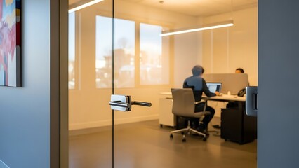 Focused collaborative work in modern office space through a glass door