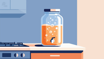 Tall glass jar with orange drink and bubbles, on kitchen counter