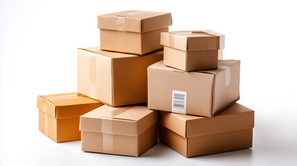 Stack of cardboard boxes transparent background, shipping containers, delivery packages, logistics concept, multiple parcels, isolated cutout, with copy space