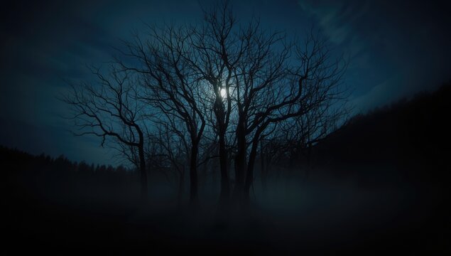 Dark, eerie trees under moonlight, Halloween night scene