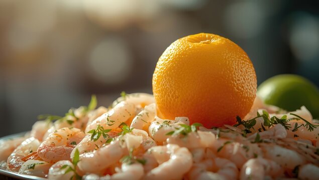 Bright orange limau citrus with lush green foliage, emphasizing natural ingredients in seafood preparation, for flavoring or garnish