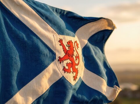 A close-up view of the iconic scottish flag, detailed with the lion rampant shield, proudly waving in the warm golden light of sunset.