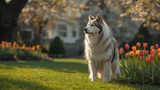 Alabai dog outdoors in a yard, focusing on breed features and natural setting
