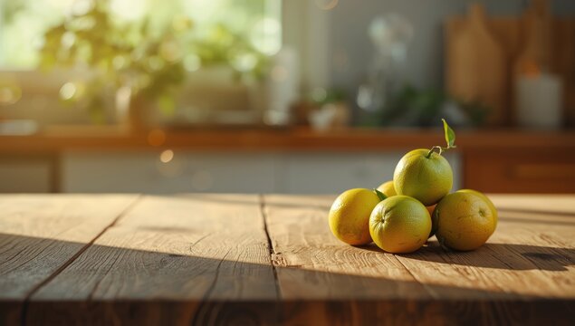 Unripe green oranges laid out on wooden table for market display, World Food Day