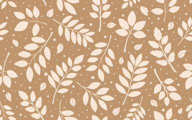 Botanical seamless pattern. Beige floral background with white leaves and branches for use in packaging, wallpaper, fabric prints, digital backgrounds, or stationery.