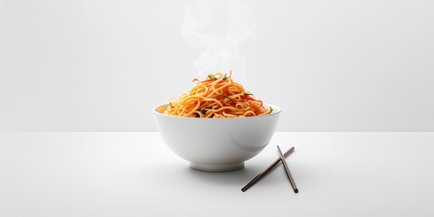 Noodle dish served in a white bowl highlighting simplicity in food styling, ideal for menu design backdrops