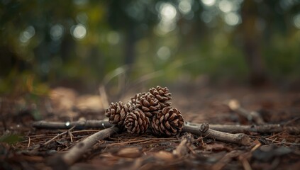 Forest trail with pine cones and tiny branches, natural debris, seasonal decay