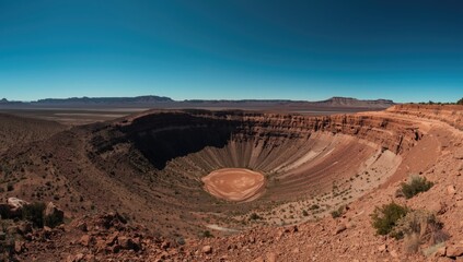 Impact crater with rugged terrain and erosion features, used as an outdoor geology study setting