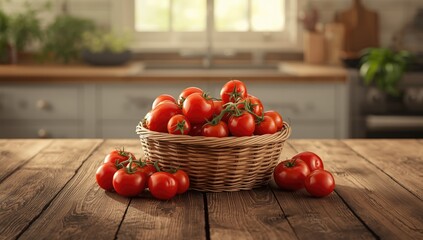 Fresh cherry tomatoes collected in a basket on rustic wooden surface, ideal for grocery or market setting