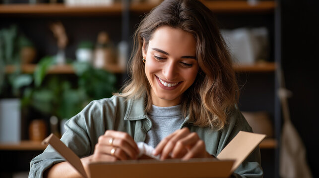 Young woman opening and unpacking cardboard box at home, unboxing experience, product delivery, online shopping, customer satisfaction, with copy space
