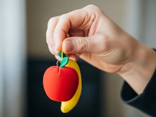 Hand delicately showcasing a miniature vibrant apple and banana charm