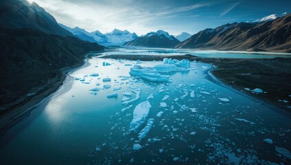 Top-down perspective of icy glacier lagoon surrounded by rugged mountains, highlighting natural landscape features