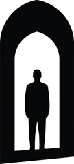 Obraz premium Silhouette of man standing in arched doorway entrance representing mystery transition and opportunity for business concepts. Vector illustration
