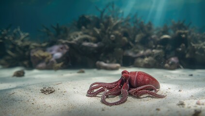 Photogenic wonderpus octopus camouflaging on rubble slope, highlighting marine biodiversity awareness