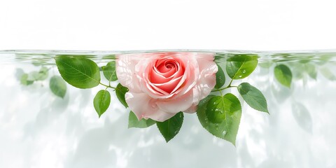 Pink rose and green leaves submerged in water serve as a floral background for text and layout, abstract watercolor style