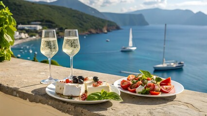 Romantic Mediterranean Balcony View with Champagne, Cheese, and Salad
