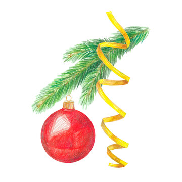 Hand drawn illustration with a red christmas ball, christmas tree branch and serpantine for graphic design. Isolated colored pencil illustration on white background. New year collection.