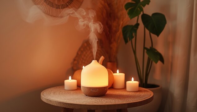 Relaxing winter nook with candles and diffuser releasing seasonal scents, suitable for meditation and comfort, World Meditation Day - Powered by Adobe