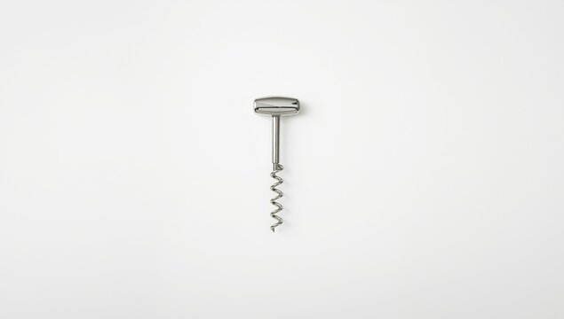 Single corkscrew on plain white background, designed for wine bottle access, focusing on tool operation