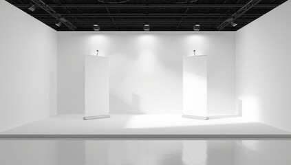 Trade show display setup featuring folding banner stands with white, unprinted rolls forming a clean exhibition booth background