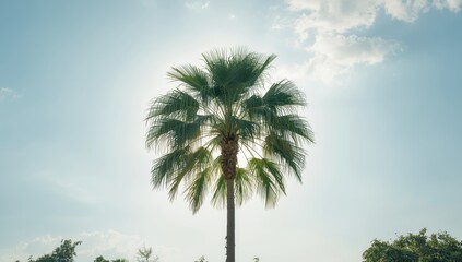 Fototapeta premium Betel palm and sky seen from below in a summer forest scene, highlighting tree and leaf textures for ecological preservation
